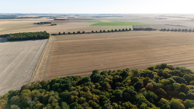 Vue a&eacute;rienne de champs agricoles, bois et exploitations rurales &agrave; Chalo-Saint-Mars dans l&rsquo;Essonne