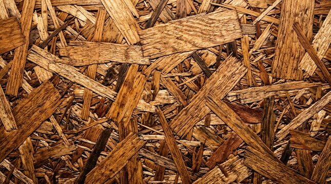 Oriented strand board OSB texture background with compressed wooden flakes, rustic brown chipboard panel surface, engineered timber sheet for construction and design