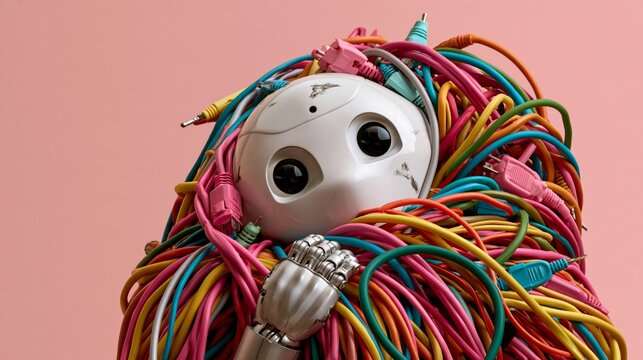 White robot tangled in colorful cables, confused, pastel pink background, copy space