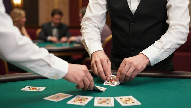 Professional casino dealer expertly shuffles playing cards on a green felt table while players watch intently in luxurious casino setting.