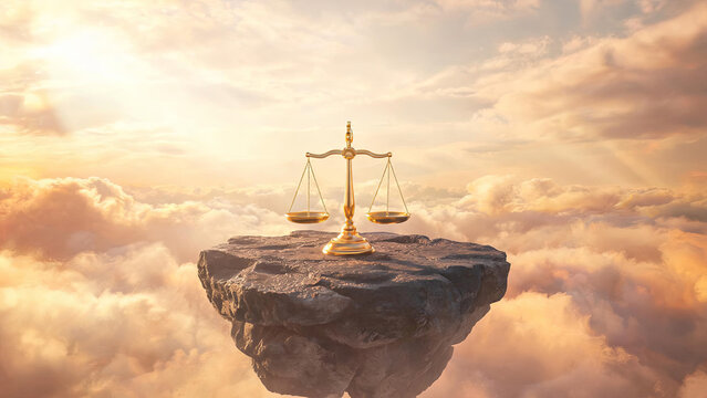 A golden justice balance scale rests on a floating rock above fluffy clouds under bright sunlight, symbolizing fairness and law.