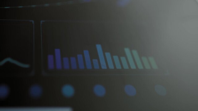 Multicolored columns fluctuate across energy analytics panel
