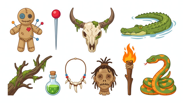 Set of mystical voodoo ritual objects swamp animals and occult symbols for halloween design