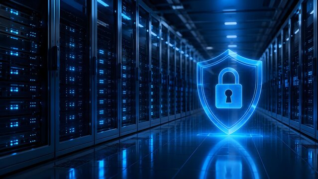 Enterprise data center security featuring glowing holographic shield and padlock protecting illuminated server racks in modern hosting facility