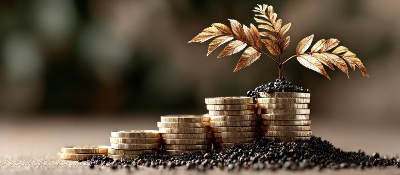 Coins stacked with growing plant.