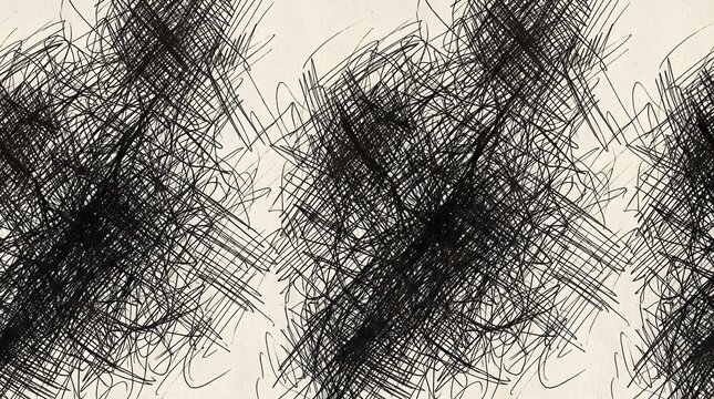 Abstract Black Ink Scribbles on Cream Textured Paper, Chaotic Hand Drawn Cross Hatch Lines Pattern, Seamless Background Design Representing Confusion, Stress, and Complex Mental States