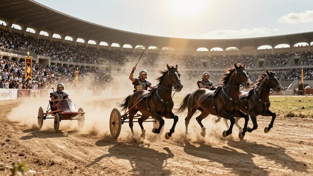 Competitors drive horse-drawn chariots across dusty track under bright sun, cheered by massive crowd in grand amphitheater.