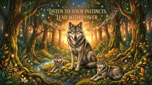 Majestic wolf pack in an enchanted forest with magical glowing lights and inspirational quote "Listen to your instincts, lead with power."