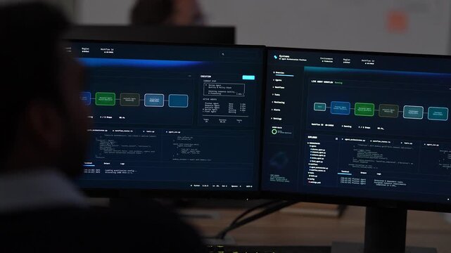 A finger reaching toward two monitors traces one step of an AI agent workflow across the pair of screens on a shared desk inside a dimly lit machine learning startup office.