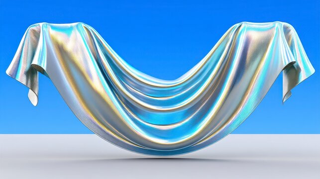 Iridescent Fabric Draped in U Shape Against Blue Background