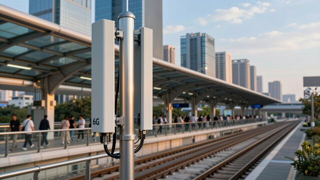 Modern 6G telecommunications infrastructure stands beside elevated train tracks in a bustling cityscape during golden hour.