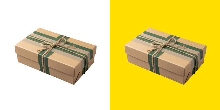 Eco friendly cardboard gift box tied with natural rustic jute twine string bow transparent png