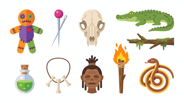 Voodoo magic ritual elements set featuring voodoo doll, animal skull, snake, and tribal artifacts
