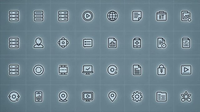 Grid of technology and office line icons with server folder and chart symbols on solid background