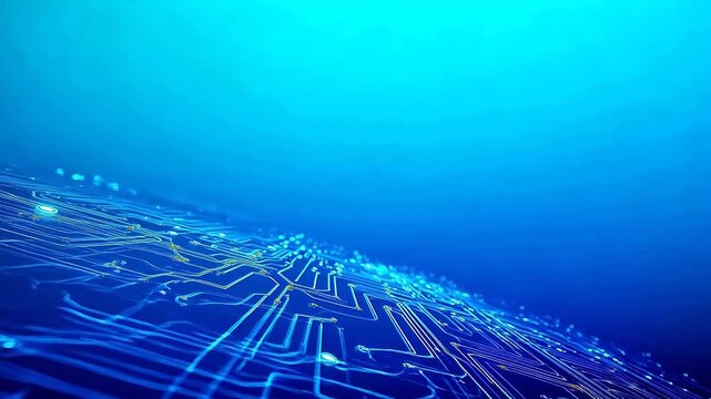 Blue circuit board with glowing lines and bright nodes on gradient background