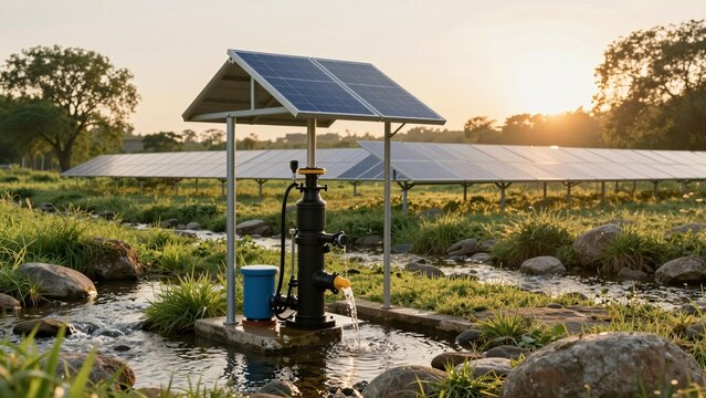 A solar water pump extracts fresh water from a stream under golden sunset light, surrounded by green grass and distant photovoltaic panels.