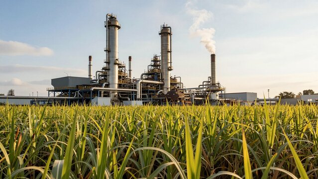 Modern sugar refinery facility with tall towers and pipes emitting steam, surrounded by lush green sugarcane fields under clear sky.