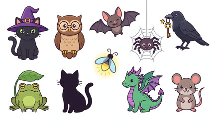 Obraz premium Kawaii halloween animal set featuring a witch cat dragon owl raven and spooky creatures