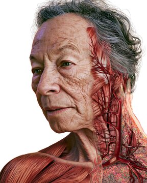 Senior woman with exposed facial muscles and blood vessels, medical visualization of biological aging, cellular changes and longevity research for geroscience and senior health