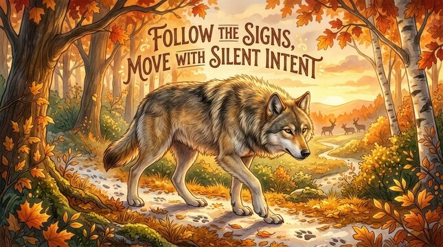 Majestic wolf walking on a path through a vibrant autumn forest with text overlay 'Follow the Signs, Move with Silent Intent'