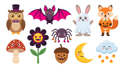 Fototapeta premium Kawaii Halloween animals and spooky autumn nature elements set for festive decorations