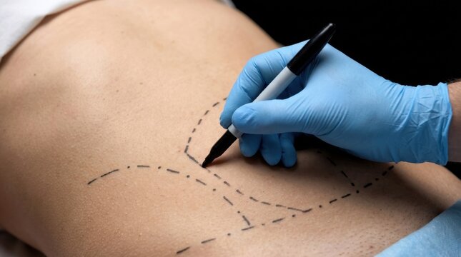 Surgeon drawing surgical guide lines on patient skin for plastic surgery procedure preparation.