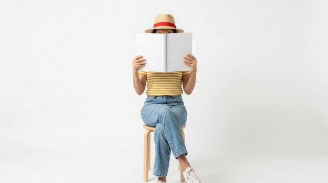 Woman sitting on stool holding book in front of face isolated on white background
