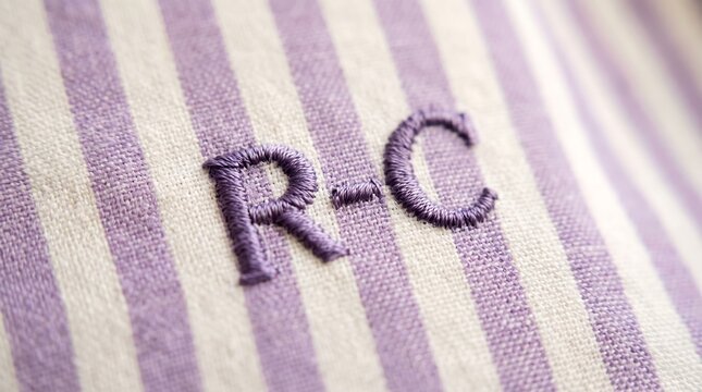 Close up of embroidered initials RC on striped lilac and cream fabric texture personalized detail