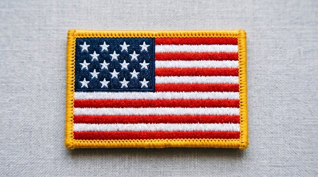 Detailed embroidered American flag patch on a light gray fabric background patriotic symbol closeup