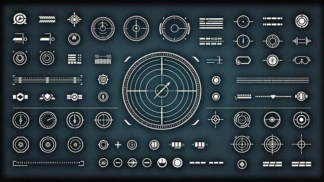 Sci-fi interface HUD elements with radar dials and buttons on black