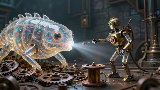 A brass steampunk robot holds a tool while facing a transparent, iridescent mechanical beast amidst gears and industrial machinery.
