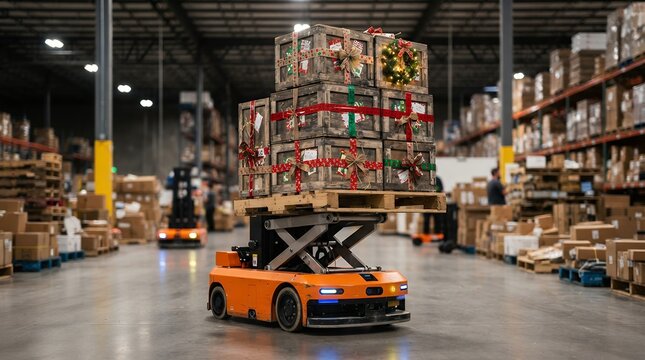 Autonomous robot transporting stacked Christmas crates in a modern industrial warehouse.