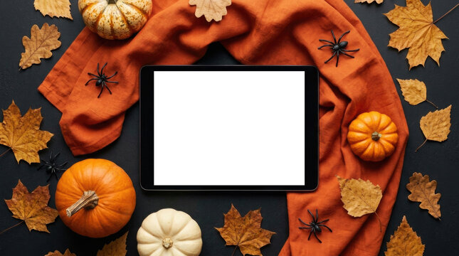 Halloween flat lay with tablet, pumpkins, autumn leaves and spiders on a dark background
