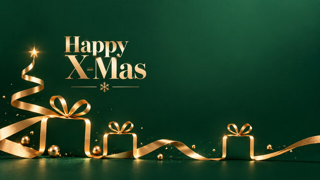 Luxury green and gold Christmas greeting card with ribbon-shaped gift boxes, glowing accents and elegant festive typography.