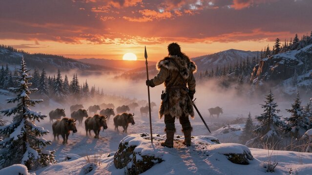 A lone hunter stands atop a snowy ridge watching a herd of mammoths move through misty valleys under fiery sunset skies.