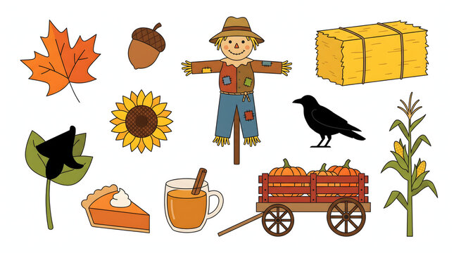 Colorful autumn harvest illustration set with scarecrow pumpkins and seasonal elements