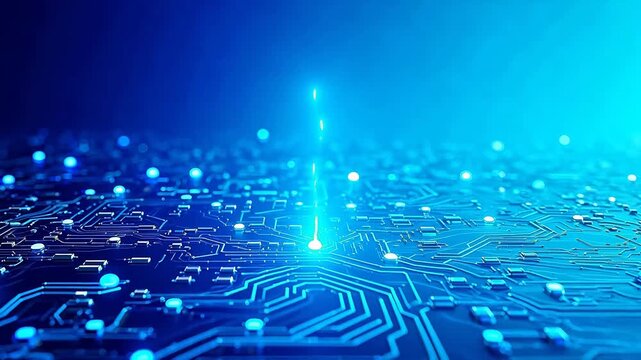 Blue technology circuit board with glowing nodes and complex electronic lines