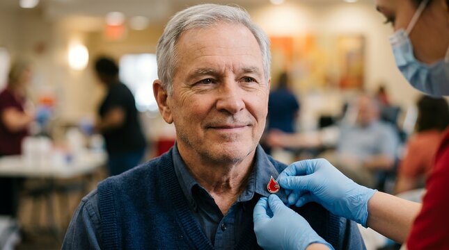 Senior man receiving a commemorative lapel pin after successful blood donation milestone
