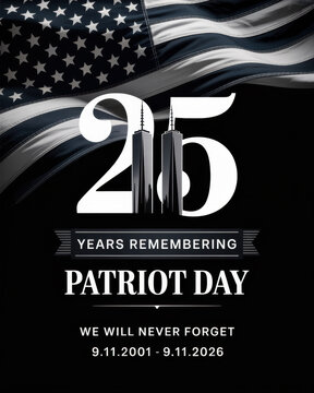 Patriot Day 25th anniversary design graphic with American flag and twin towers graphic element