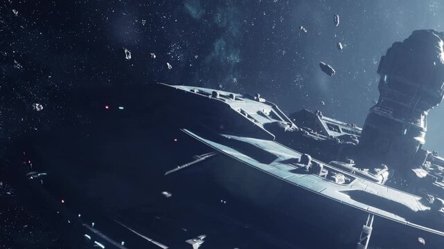 A space ship moves slowly through an asteroid field. The vastness of deep space surrounds the ship. Stars shine in the background as the ship maneuvers carefully among the asteroids.