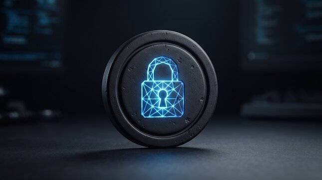 Glowing digital padlock icon on circular device representing cybersecurity and data protection