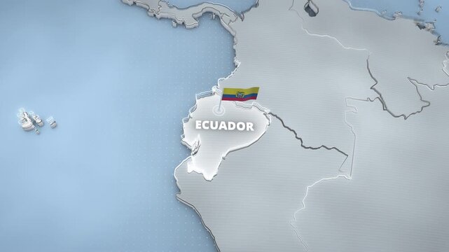 A 3D map animation highlighting Ecuador, South America, featuring a waving national flag, glowing extruded borders, and 3D typography, perfect for a broadcast news graphic or presentation backdrop.
