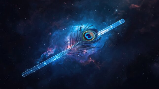Celestial nebula shaped like ethereal flute and sacred feather in cosmic glow with stunning digital