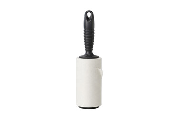 Clean, new lint roller with a black handle and white adhesive paper stands upright on a plain white background © Chinases