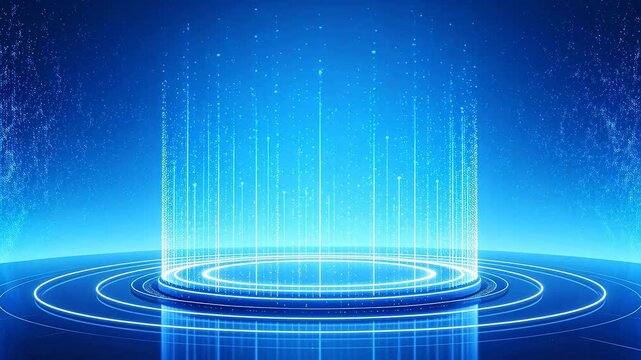 Glowing circular base with vertical data lines and ring reflections