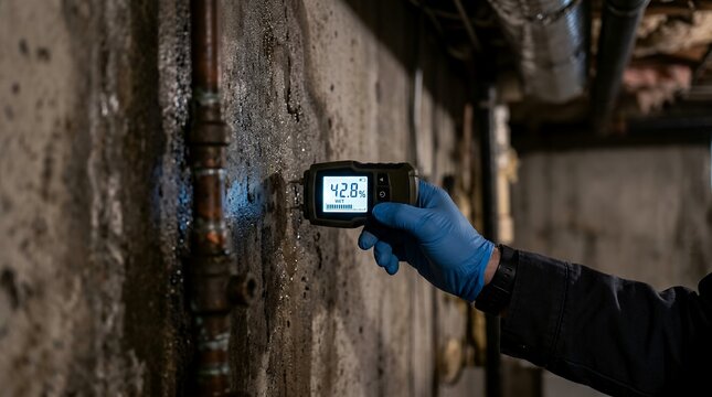 Professional moisture meter testing damp concrete basement wall for water damage inspection.