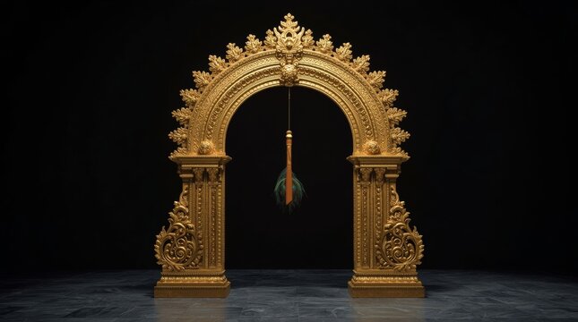 Majestic golden ornate arch with intricate carvings with elaborate floral geometric, showcases grand