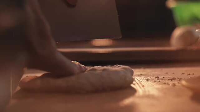 Hands pressing and kneading bread dough on rustic wooden table, preparing for baking process in warm, inviting kitchen environment. Closeup view