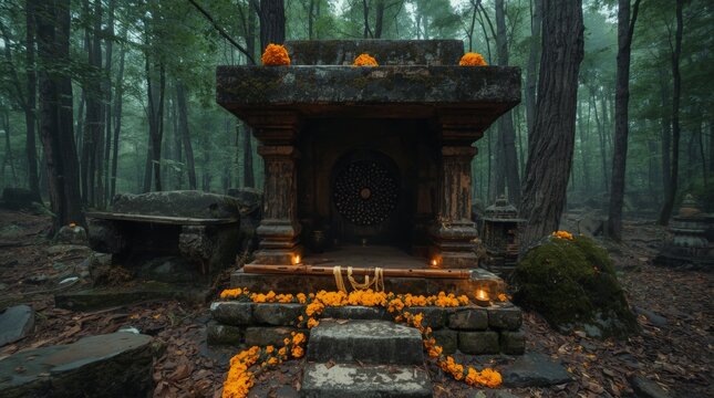 Mystical ancient stone shrine glowing amidst forest serenity with marigold decorations with peaceful