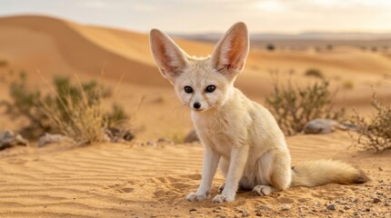 Fototapeta premium Fennec Fox in Desert: A small fennec fox with large ears sits on the golden sand of a desert, surrounded by sparse vegetation under a warm, hazy sky.